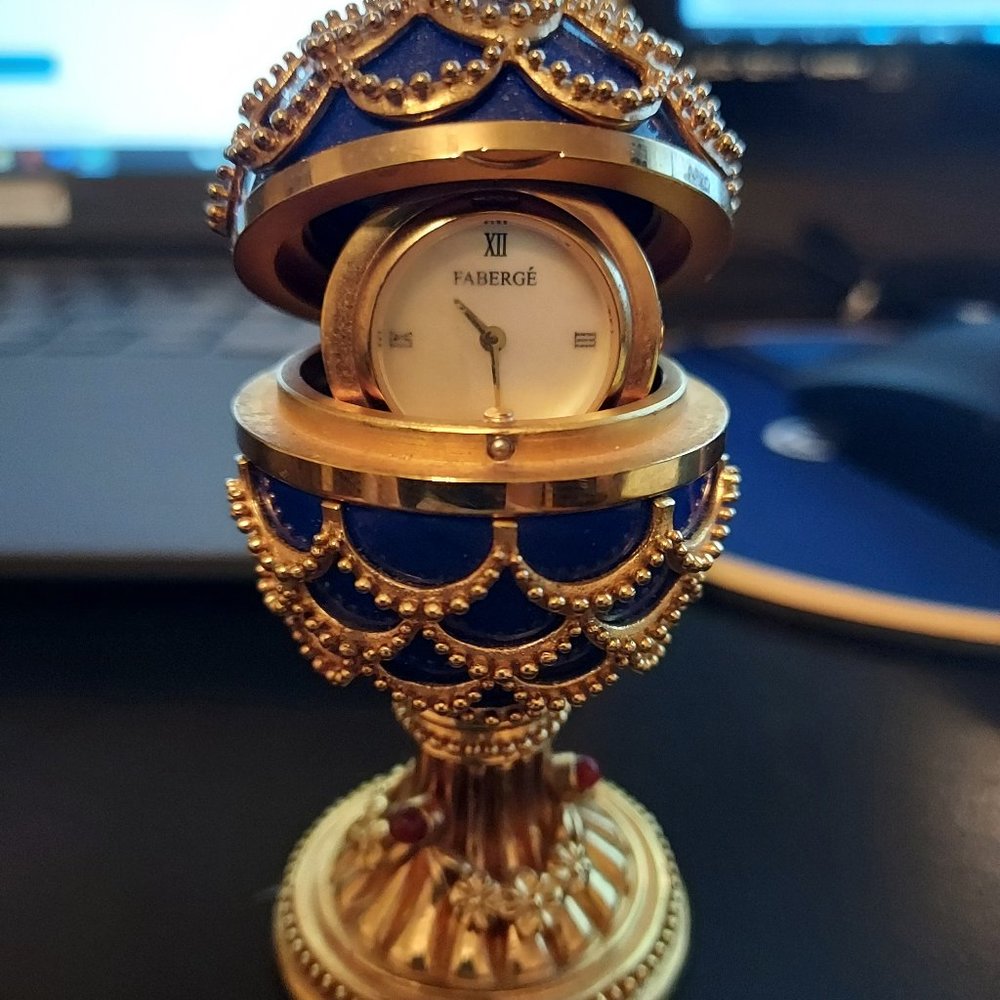 Rare French Faberge Lapis Lazuli ruby Cabochon egg with clock